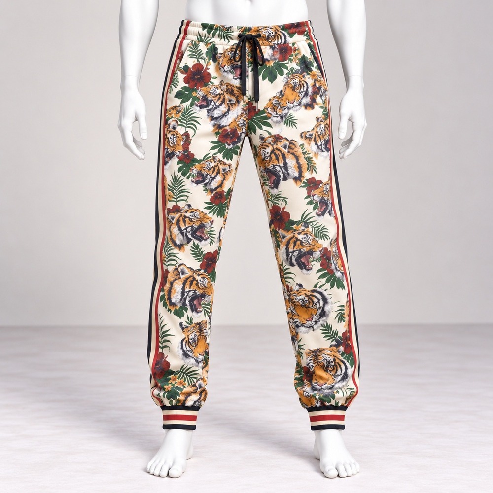 Unbranded Tiger Print Joggers Mens L Cream Tropical Floral Streetwear Pants